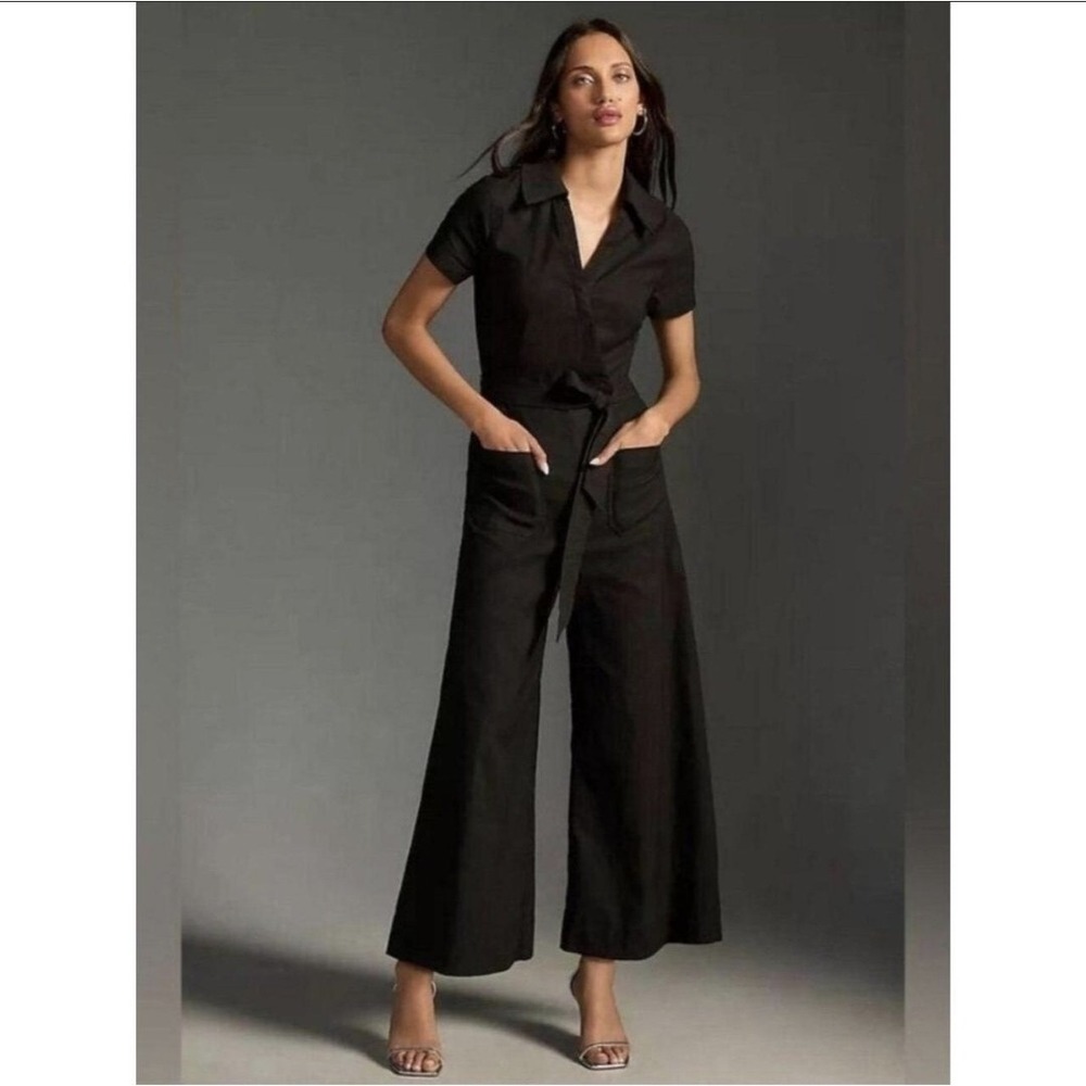 Maeve Anthropologie Colette Jumpsuit 16 Black Linen Blend Wide Leg Belted